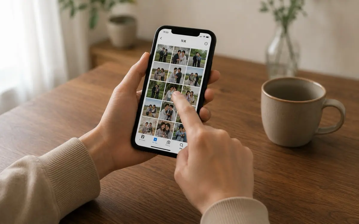 スマートフォンの写真アプリから写真を選んでいる手元