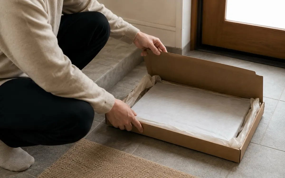 玄関で段ボール箱を開けようとしている手元